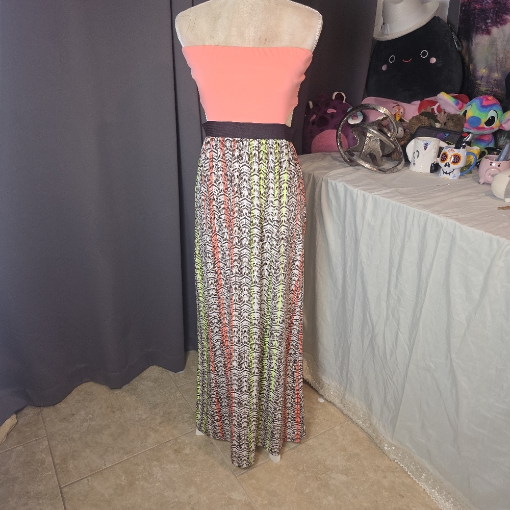Three Hearts Strapless Maxi Summer Dress Womens L Orange Black Cut Out Waist